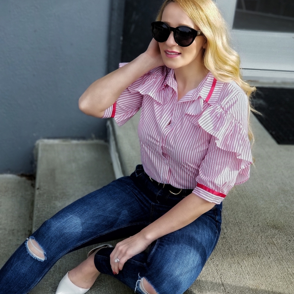 Video! Stripes & Ruffles Button Down Top - Picture 3 of 6